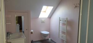 a bathroom with a toilet and a skylight at proche d'Yvetot in Valliquerville