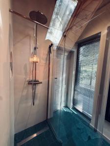 a shower with a glass enclosure in a bathroom at Moje sPokoje in Morgowniki