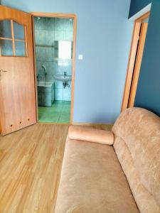 a living room with a couch and a bathroom at Siedlisko Grzegorza in Leśniki