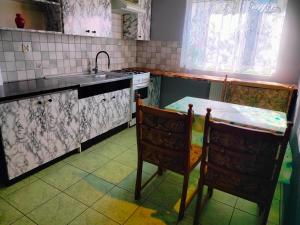 a kitchen with a sink and a table and two chairs at Siedlisko Grzegorza in Leśniki