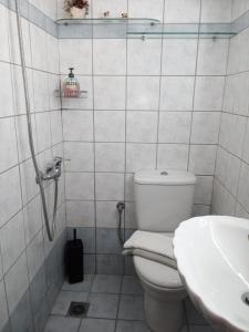 a white bathroom with a toilet and a sink at villa lena πετρινο in Katákoilos +21 photos