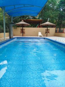 a large swimming pool with a blue umbrella and chairs at Cabañas Gonga - Posada turistica in Ciudad del Este +5 photos