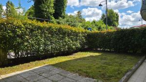 a hedge in front of a garden with grass and flowers at Appartamento moderno e spazioso con giardino privato in Selvazzano Dentro