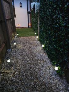 a walkway with candles in front of a hedge at Bright luxurious Home in Oxford
