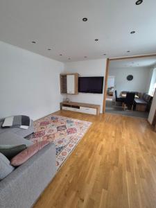 a living room with a couch and a flat screen tv at Panzers Ferienwohnungen in Asparn an der Zaya