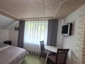 a bedroom with a bed and a table and a tv at Hollywood in Yaremche