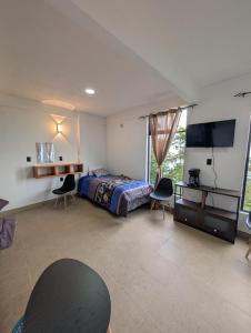 a bedroom with a bed and chairs and a television at Hotel de la Montaña in Huautla de Jiménez