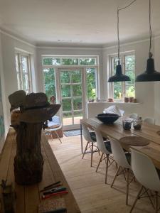 a dining room with a wooden table and chairs at La Petite Ecole in Bindslev