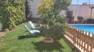 a blue chair sitting in the grass next to a tree at Casa El Jazmín in Alfacar