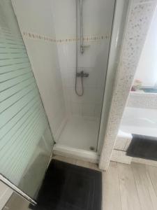 a shower with a glass door in a bathroom at les chambres Carnot in Elbeuf