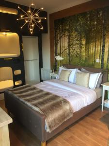 温莎Willow Court Farm Studio West & Petting Farm, 8 mins to Legoland & Windsor, 15 mins to Lapland UK的一张大床,位于带大窗户的房间里
