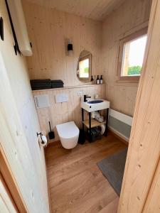 a small bathroom with a toilet and a sink at Mokuzo Tiny Houses in Lauingen