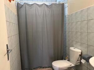 a bathroom with a shower curtain and a toilet at Escapade Océane in Quartier du Fond Fleuri