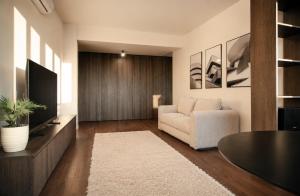 a living room with a couch and a television at The Loft, An Architects Dream in Târgu-Mureş