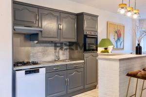 a kitchen with gray cabinets and a sink at Family House in Caudry