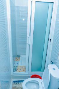 a bathroom with a white toilet and a shower at Le Wallo - Residence Sebi in Sébikhoutane