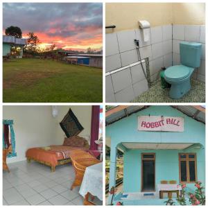 a collage of photos of a hotel with a toilet and a room at Hobbit Hill in Ruteng