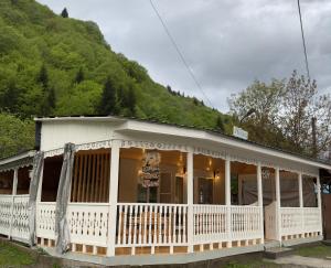 a white house with a porch and a mountain at Konstanta in Lentekhi