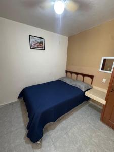 a small bedroom with a blue bed and a shelf at Hotel Los Arcos in Pénjamo +2 photos