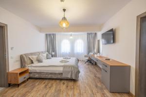 a bedroom with a bed and a desk in it at Pensiunea Seraris in Voineasa