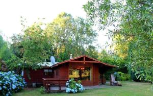 a small log cabin with a picnic table in the yard at Parcela Peumayen casa 1 in Coñaripe