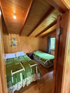 a bedroom with two beds in a log cabin at Parcela Peumayen casa 1 in Coñaripe