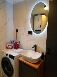 a bathroom with a sink and a washing machine at Drina Escape - Lake View in Višegrad