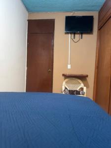 a bedroom with a blue bed and a tv at Hotel Los Arcos in Pénjamo