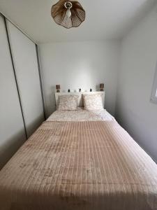 a bedroom with a large bed with a brown comforter at La Parenthèse Calme in Tours