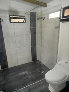 a bathroom with a toilet and a glass shower at Bosque Encantado Cabañas chalet in Guatapé +27 photos