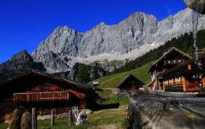 a group of wooden buildings in front of a mountain at Pension Adlerhorst in Ramsau am Dachstein