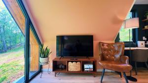 a living room with a television and a chair at Bison Farm - Cabin "Loma" in Culpeper