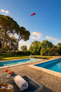 a frisbee is flying over a swimming pool at Aloha Pool Apartment - Free Parking - Sirmione in Desenzano del Garda