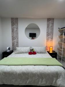 a bedroom with a large white bed with a mirror at Departamento en el CENTRO DE XALAPA 2habitaciones GARAGE INCLUIDO in Xalapa