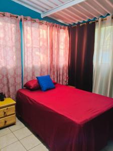 a bedroom with a red bed with a blue pillow at Rancho María in San Diego