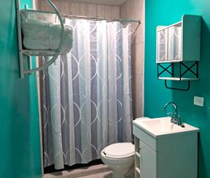 a bathroom with a toilet and a shower curtain at Turquesa by the Sea, Elevated Ocean View Retreat in San Carlos +13 photos