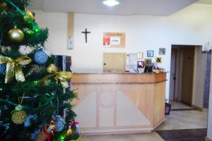 Un árbol de Navidad en una habitación con mostrador en Andardac Hotel, en Guaramirim