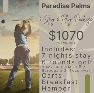 a poster of a man swinging a golf club at Paradise Palms in Mulwala