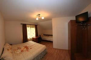 - une chambre avec un lit, une fenêtre et une télévision dans l'établissement Pensiunea Valea Ursului, à Cîmpulung