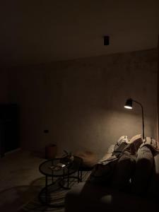 a person laying on a couch in a dark room with a lamp at Bello departamento centrico in Valladolid