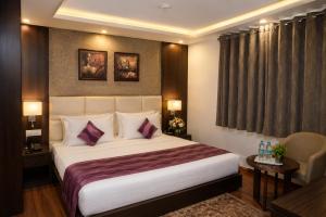 a hotel room with a large bed with purple pillows at Hotel Elegance in New Delhi +41 photos