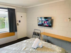a bedroom with a bed and a tv on the wall at White Manor Motel in Cooma