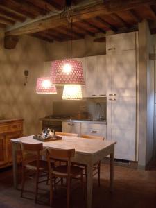 eine Küche mit einem Tisch mit Stühlen und einer Leuchtvorrichtung in der Unterkunft Dimora Storica in Chianti - Toscana in Cavriglia