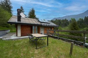 a picnic table in front of a small cabin at Lioda Pera Paradise in Pieve di Cadore