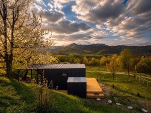 a small black shed with a wooden deck in a field at The Tiny House in Râşnov