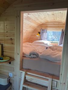 a bed in a small room in a tiny house at Obstgarten im Warnetal- Campingfass Wabe in Gielde