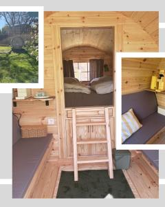 two pictures of a tiny house with a bed and a ladder at Obstgarten im Warnetal- Campingfass Wabe in Gielde +15 photos