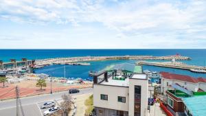 an aerial view of a harbor with a marina at Donghae Goldenview Pension in Donghae