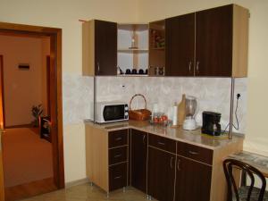 eine Küche mit braunen Schränken und einer Mikrowelle auf der Theke in der Unterkunft Casa Clara in Timişoara