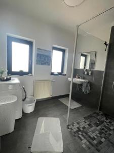 ein Badezimmer mit Dusche, Toilette und Waschbecken in der Unterkunft Design Quartier 6 Family&Business in Neunkirchen + 22 Fotos